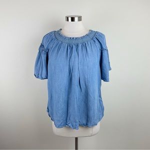 Gap 1969 Blue Denim Smocked Blouse Top Women Small